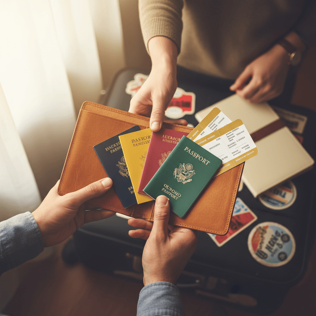 Family hands holding passports and plane tickets together, representing travel anticipation and adventure preparation Family hands holding passports and plane tickets together, representing travel anticipation and adventure preparation